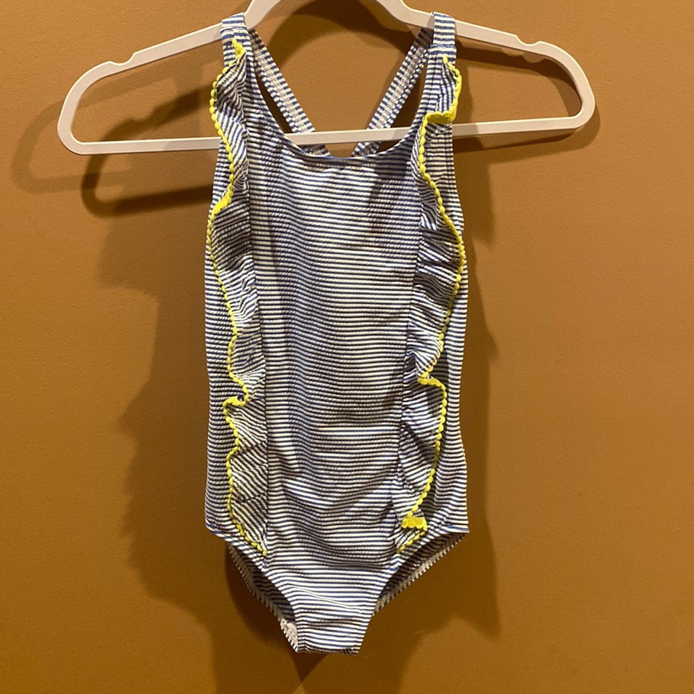 Mini Boden blue and white striped bathing suit with ruffles.. girls size 7/8